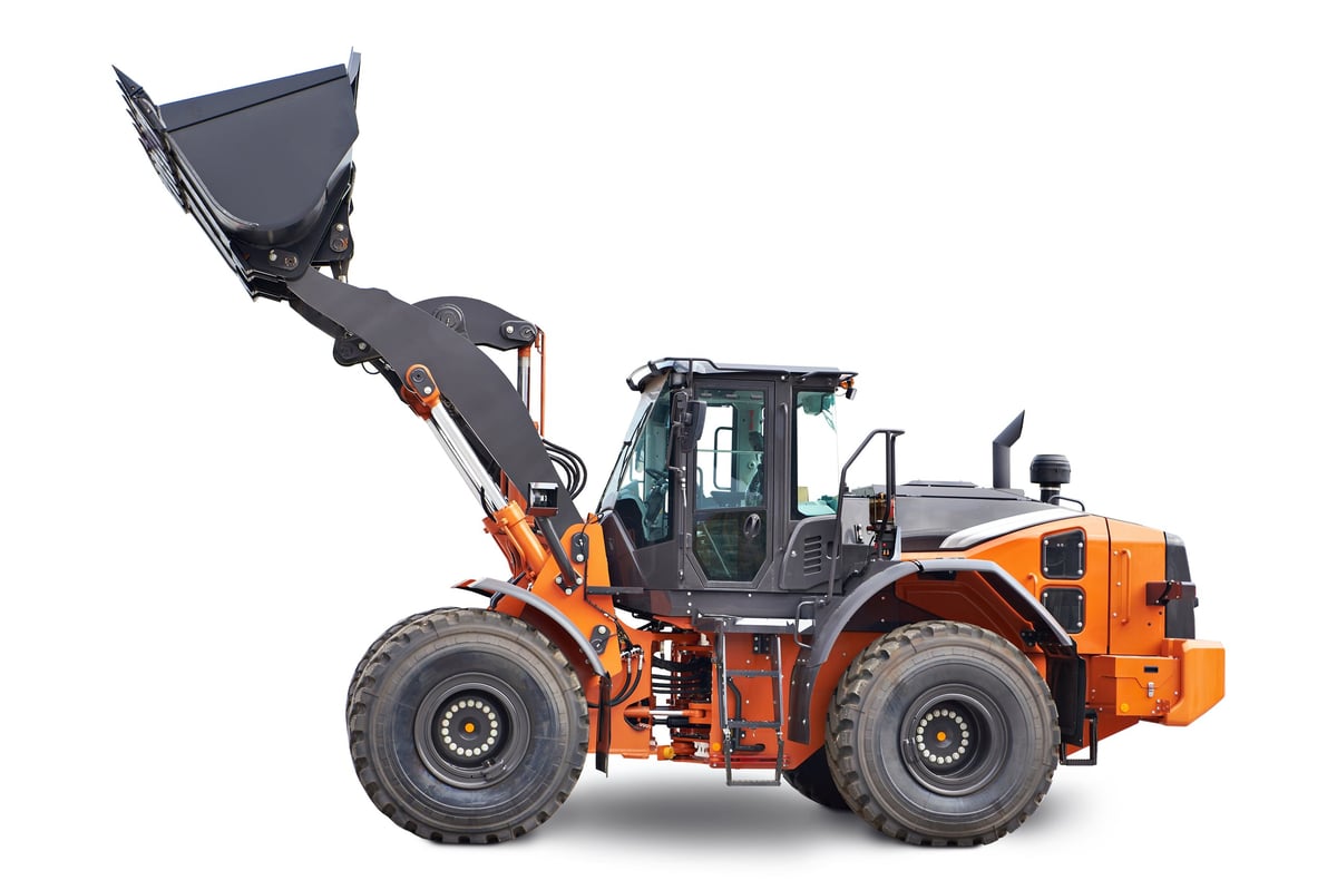 Tractor with front loader bucket agricultural isolated on white background